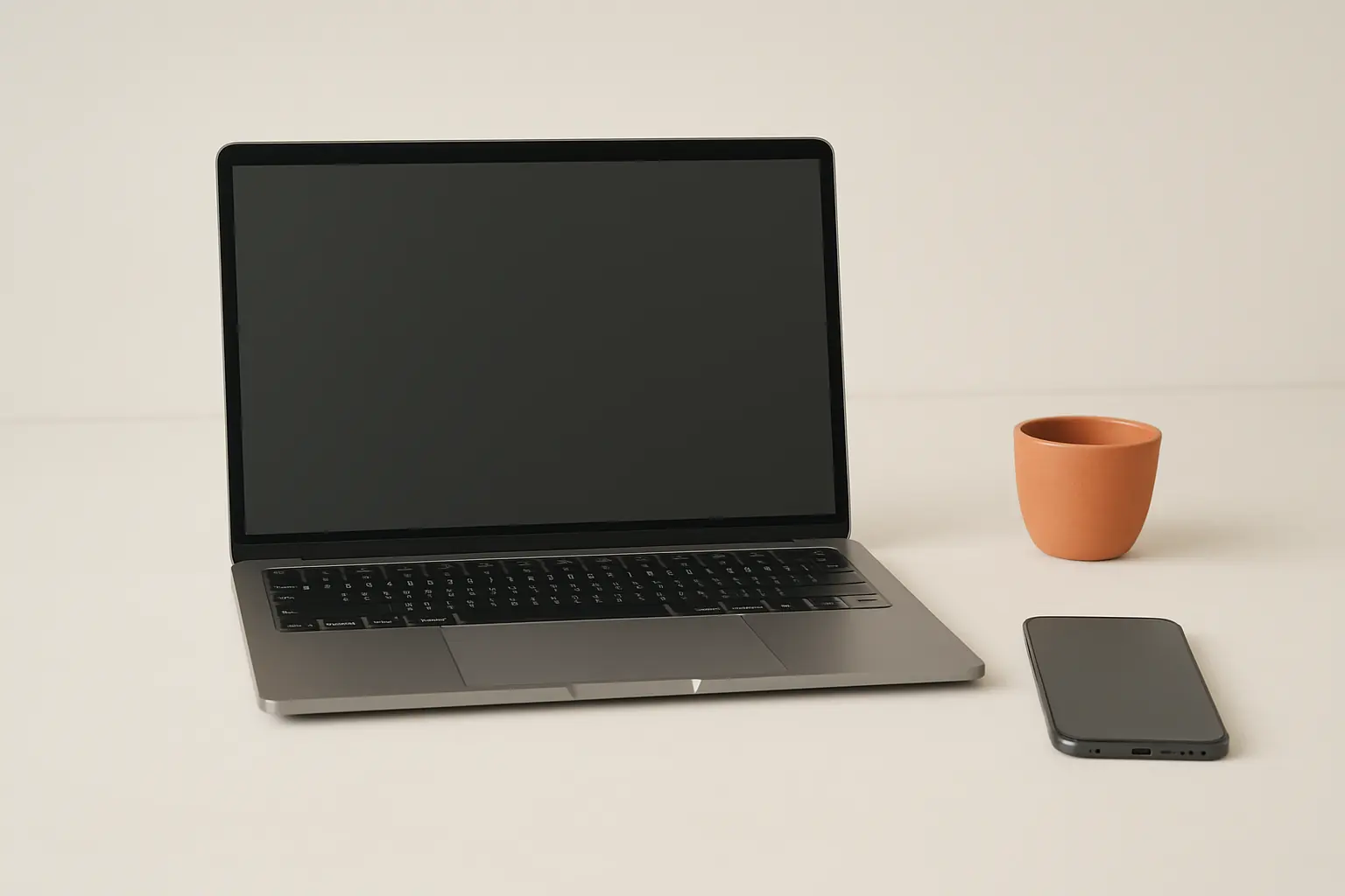 Un ordinateur portable et un téléphone éteints sur un plan de travail clair
