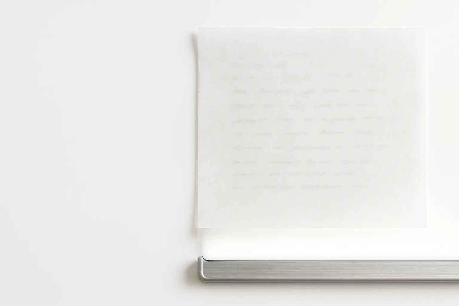 Feuille translucide sur une table lumineuse, des traces de texte illisibles apparaissent par transparence