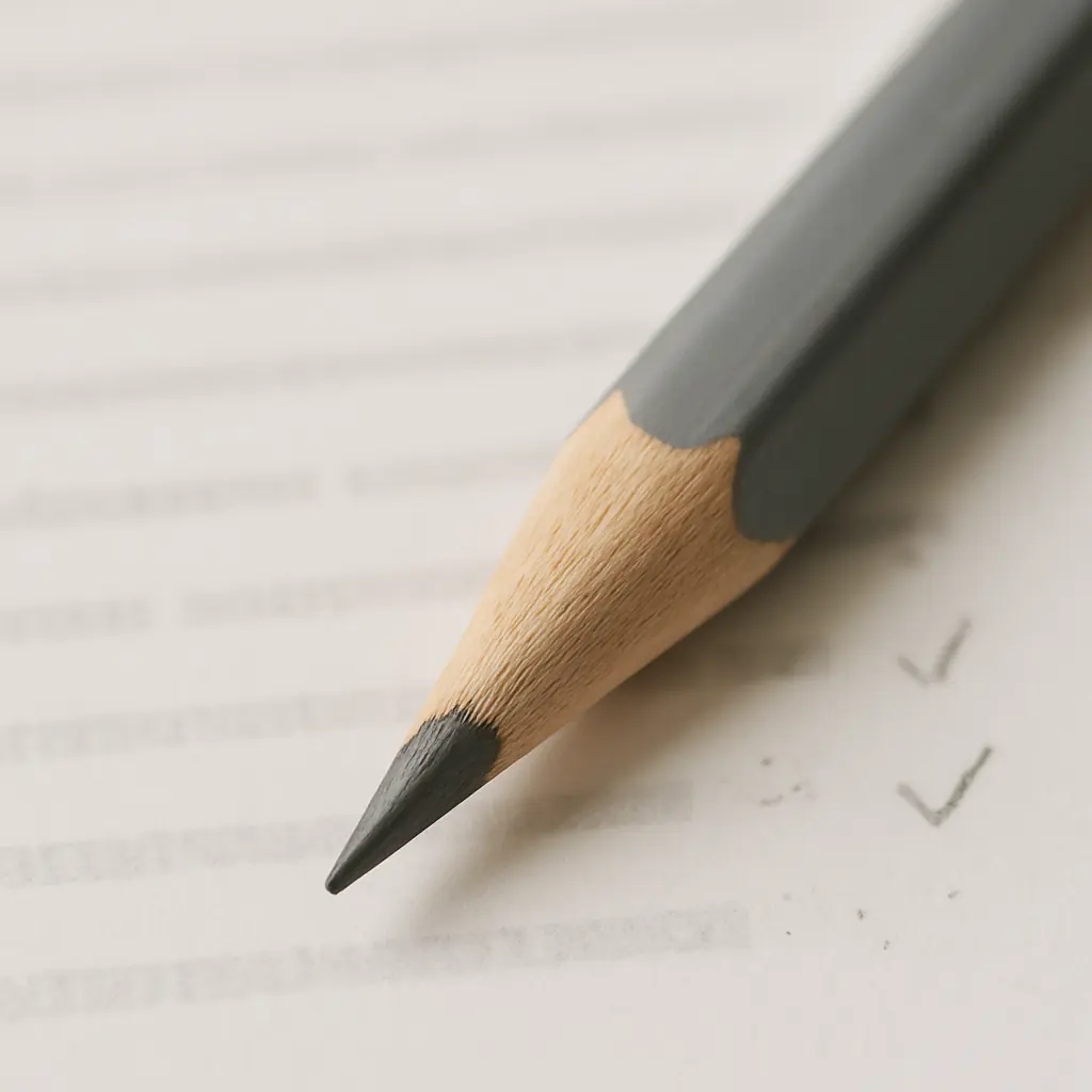 Crayon taillé sur une page imprimée portant de fines marques de correction